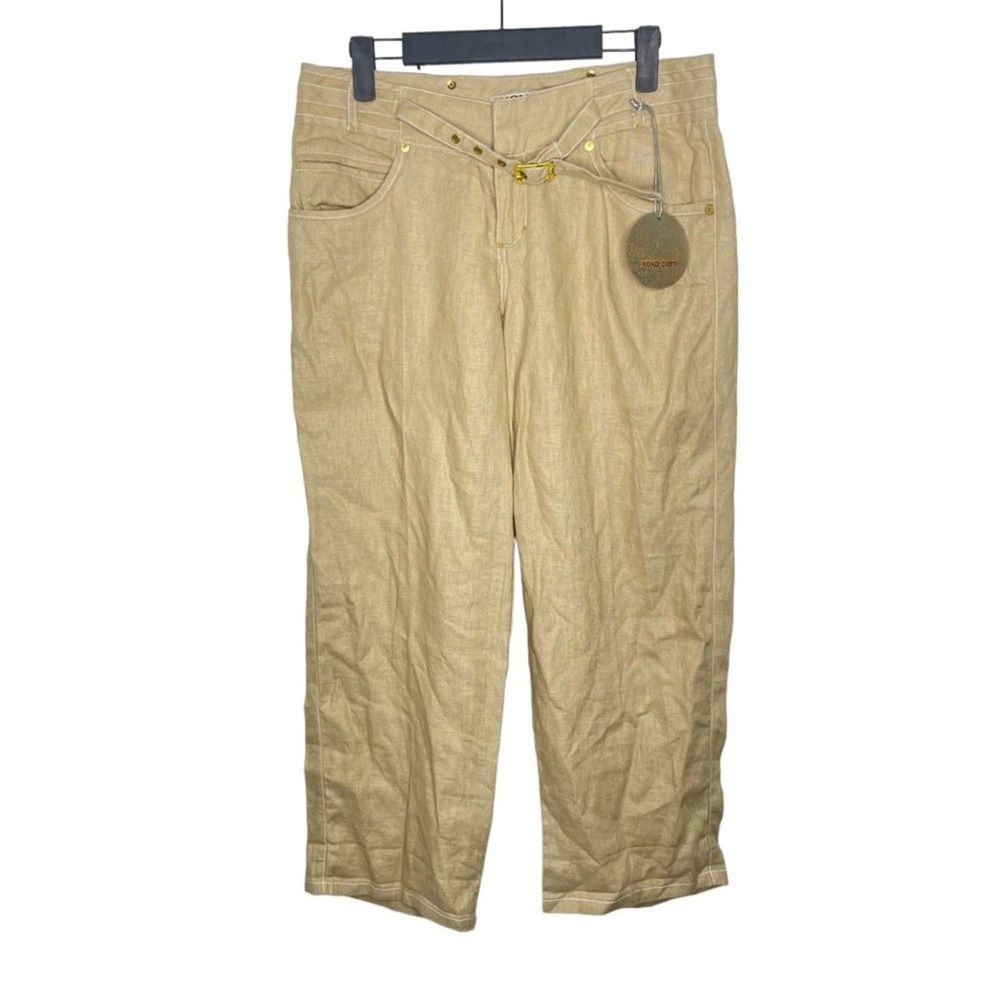 XOXO Jeans Tan Linen Blend Belted Trousers Contrast Stitch Khaki Pants Size 9/10